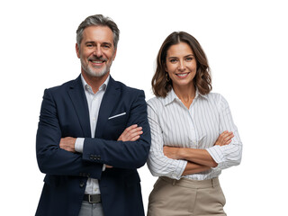 Confident man and woman standing with their arms crossed radiating professional success on a