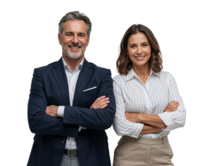 Confident man and woman standing with their arms crossed radiating professional success on a