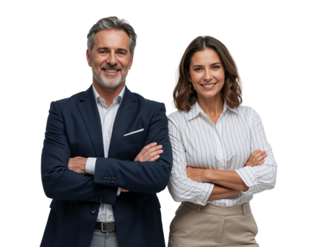 Confident man and woman standing with their arms crossed radiating professional success on a