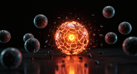 Futuristic concept of an unstable energy source exploding, sending shockwaves and debris across a dark, reflective landscape