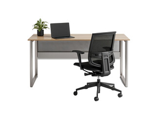 Office space with desk, ergonomic chair, laptop, and indoor plant on a seamless transparent layout