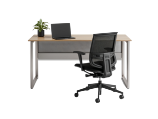 Office space with desk, ergonomic chair, laptop, and indoor plant on a seamless transparent layout
