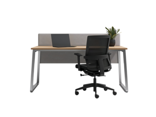 Modern workstation setup on a transparent backdrop highlighting minimalist desk and chair