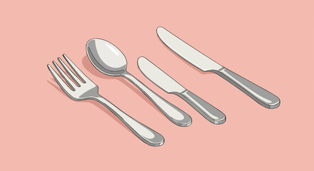 Fototapeta premium Dining Cutlery Collection: Fork, Spoon, and Two Knives on Minimalist Pink Background