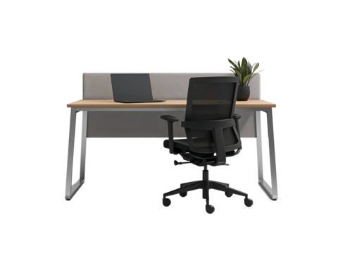 Modern workstation setup on a transparent backdrop highlighting minimalist desk and chair