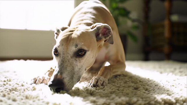 Dog lying on beige carpet