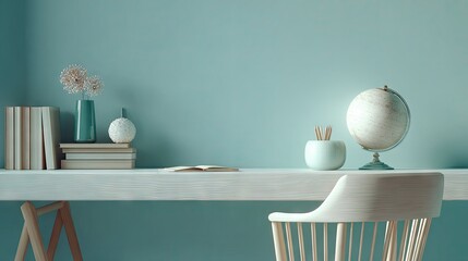 A light teal wall features a white wooden desk with books, vases, and a globe.