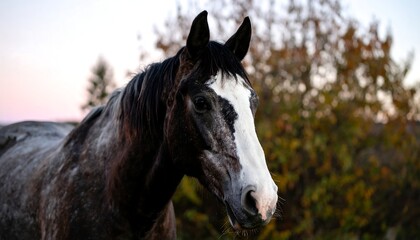 Obraz premium A gray horse with a white blaze stands in an autumnal field at sunset