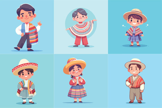 illustration set of cartoon character wearing traditional Peruvian clothing