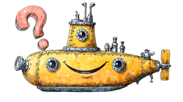 A doodle submarine with a happy face and a periscope shaped like a question mark, isolated on a Transparent Background - Powered by Adobe