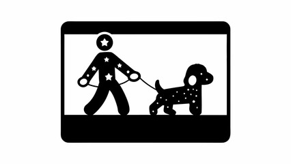 Illustration of a person with stars walking a dog with spots inside a rectangular frame design silhouette