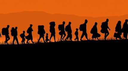 Fototapeta premium A group of people, including children, walk in a line carrying backpacks against an orange sunset background, symbolizing migration or travel