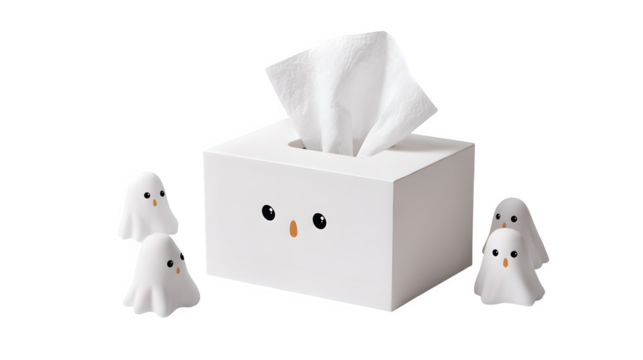 A doodle tissue box with a silly face and a few tissues shaped like ghosts, isolated on a Transparent Background