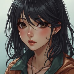 Anime Style Girl with Black Hair and Big Brown Eyes Portrait