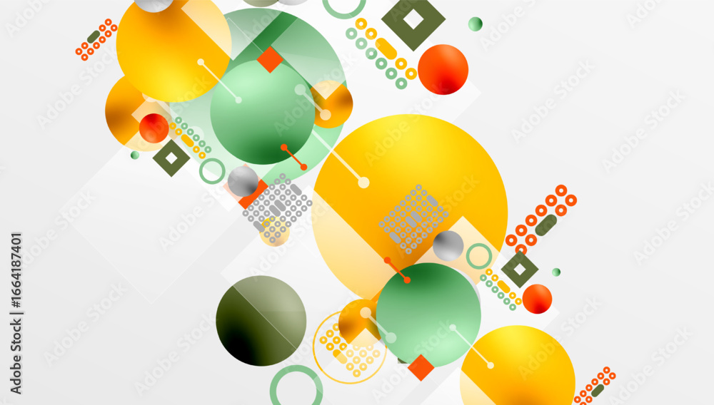Poster abstract geometric composition. circles, squares, lines create dynamic visual experience. bright col