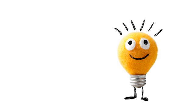 A doodle toy with a lightbulb for a head and a happy, thoughtful expression, isolated on a Transparent Background