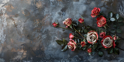 Naklejka premium Elegant roses with deep red and blush petals arranged on a textured, dark, moody background.