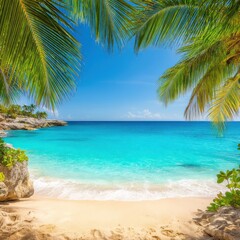 Obraz premium Tropical beach with turquoise water, golden sand, and palm trees under a clear blue sky, creating a serene and inviting paradise