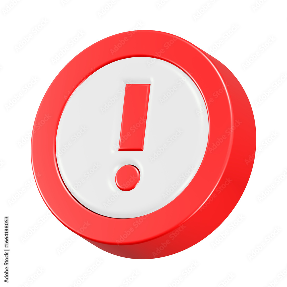 Poster a shiny red round attention alert icon with a metal exclamation mark button 3d rendering