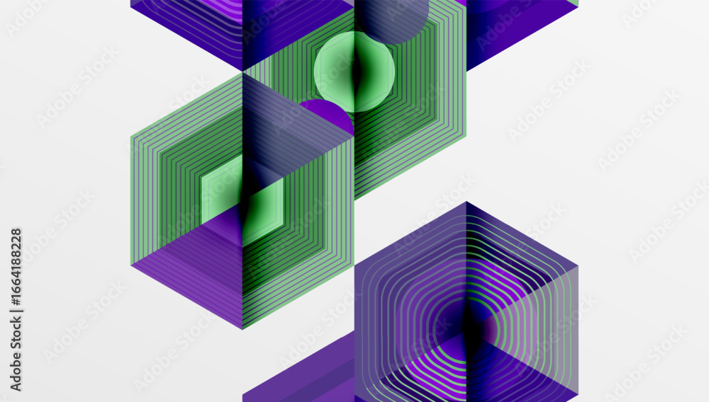 Poster abstract geometric composition. purple, green lines create layered hexagonal forms. minimalist desig