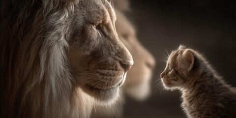 Fototapeta premium Majestic lion gazing at curious kitten in a warm and intimate setting