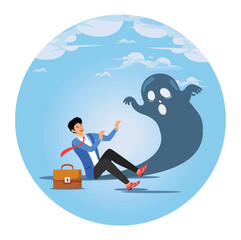 Fear, anxiety or panic attack, afraid of mistake. Fearful businessman afraid of evil monster shadow.