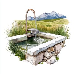 Obraz premium Rustic Stone Fountain with Mountain View Watercolor Painting