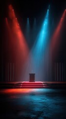 Stage prepared for a political debate with dramatic lighting and podium set at an indoor venue in the evening