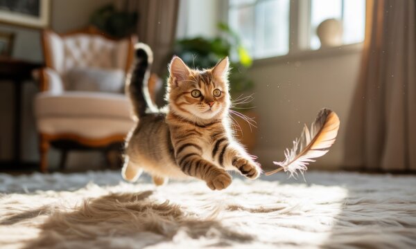 Playful kitten in mid-air chasing a feather toy