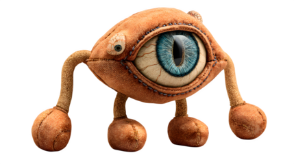 A doodle toy with four short legs and a single, elongated eye in the center of its face, isolated on a Transparent Background