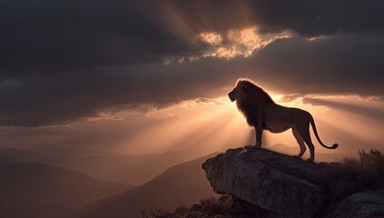Majestic lion atop a mountain peak at sunset