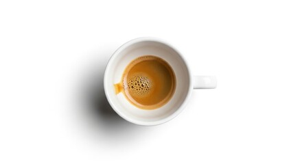 Overhead shot of almost empty espresso cup on white background, coffee break concept