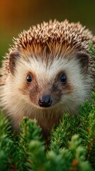 Fototapeta premium Hedgehog foraging among green foliage in a natural setting during golden hour