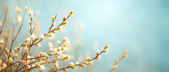 Soft pussy willow branches with fuzzy buds set against a gentle blue background, evoking a calm and fresh spring atmosphere