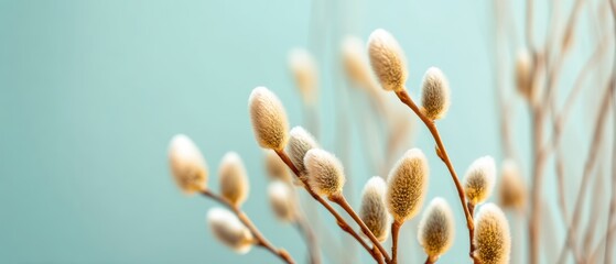 Soft, fuzzy pussy willow branches against a pastel blue background, evoking a calm and gentle springtime atmosphere