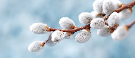 A branch of soft, fluffy pussy willow catkins set against a light blue, blurred background, symbolizing early spring and renewal