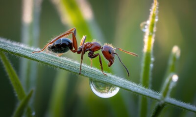 Naklejka premium Red ant on dew-kissed blade of grass