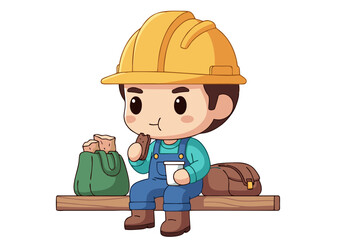 A charming cartoon illustration of a cute construction worker boy in a yellow hard hat taking a well-deserved lunch break on a wooden beam