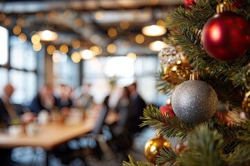 Christmas tree in a modern office space with blurred background of people at a table