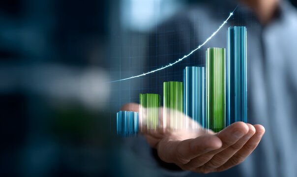 A futuristic digital scene showing a businessman’s hand overlaying a glowing holographic bar graph that is steadily increasing upward. - Powered by Adobe