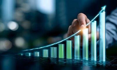 A futuristic digital scene showing a businessman’s hand overlaying a glowing holographic bar graph that is steadily increasing upward.