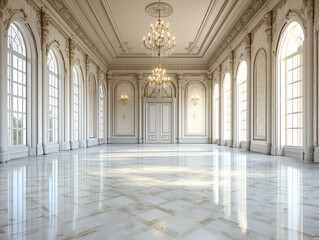 Obraz premium Elegant Grand Ballroom with Large Arched Windows and Crystal Chandeliers in Classic Style