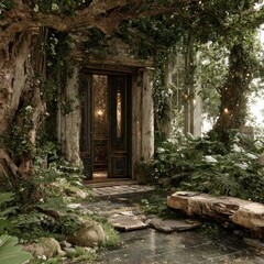 Lush overgrown doorway in a mystical forest