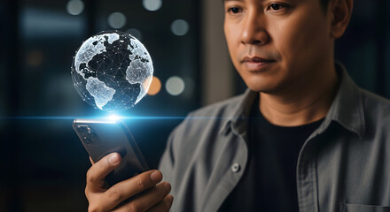 Man holding a smartphone displaying a futuristic holographic globe with digital data and light effects.