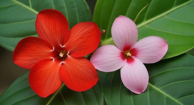 Red and Pink Kopsia Flowers with Green Leaves.