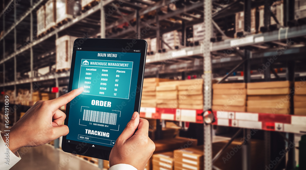 Poster warehouse management innovative software in computer for real time monitoring of goods package deliv