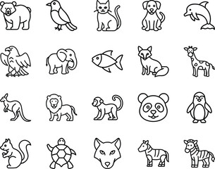 Animal outline icon set for vector design - Collection of black outline animal icons featuring wild, domestic, and aquatic creatures, ideal for education, graphic design, and illustration projects.


