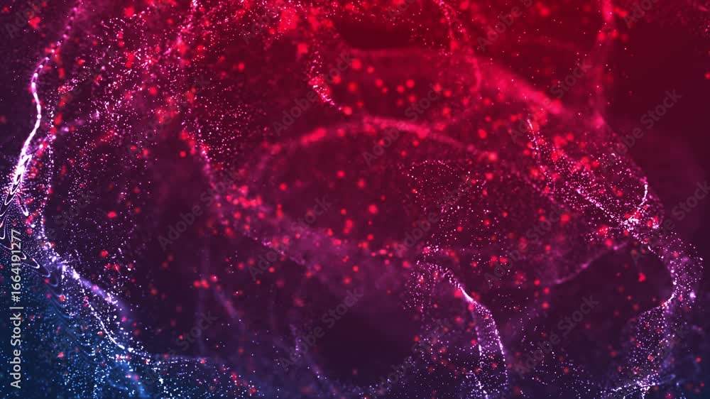 Poster dynamic abstract particle wave with glowing red and blue dots, suitable for technology, science, or 
