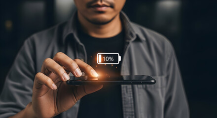 Man holding smartphone with low battery icon on screen.