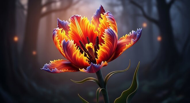 Mystical Fire Tulip Glowing in an Enchanted Dark Forest.